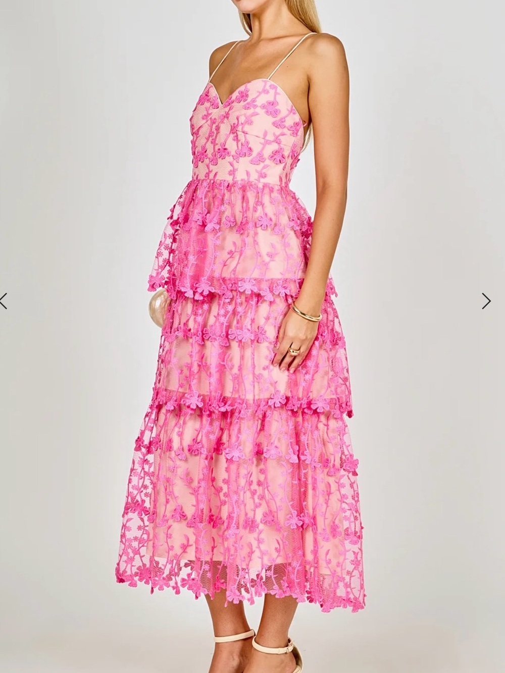 NWT Endless Rose Pink Floral Tiered Midi Dress with Spaghetti Straps